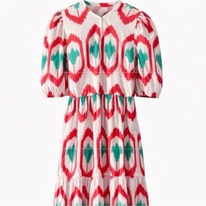 Oliphant Odisha Ikat Puff Sleeve Maxi Dress Coral Teal Ivory Size XS NWT